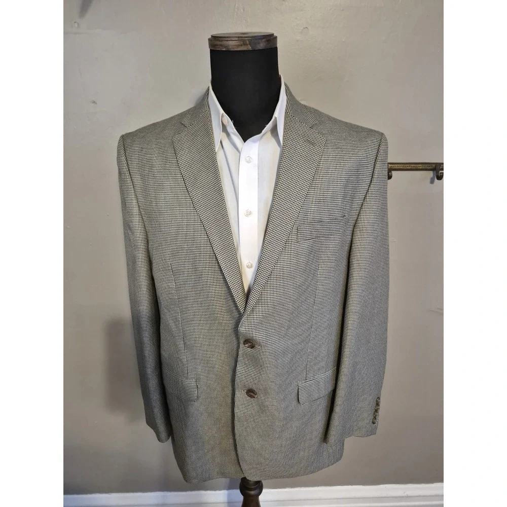 Chaps Mens Sport Coat 44R Cream Black Houndstooth 2 Button Blazer Jacket